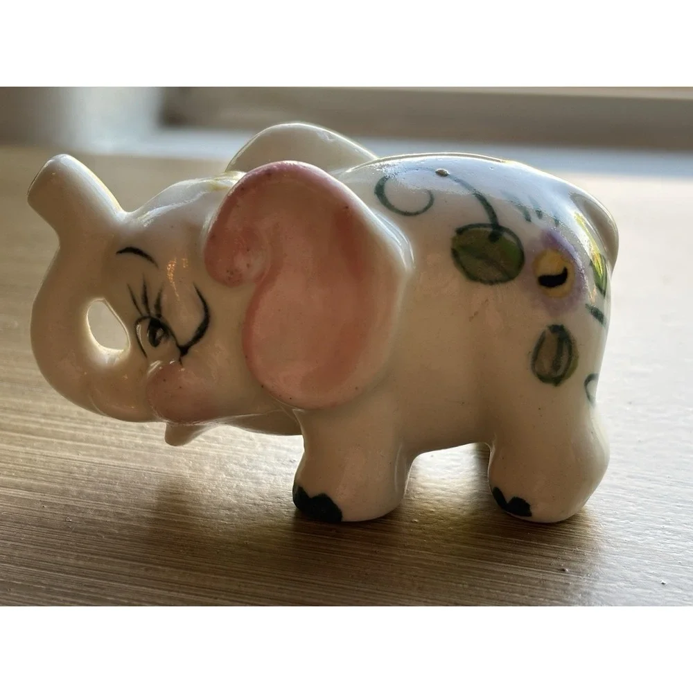 Vintage Whimsical Mini Elephant Nursery Piggy Bank Kitschy Ceramic Hand Painted